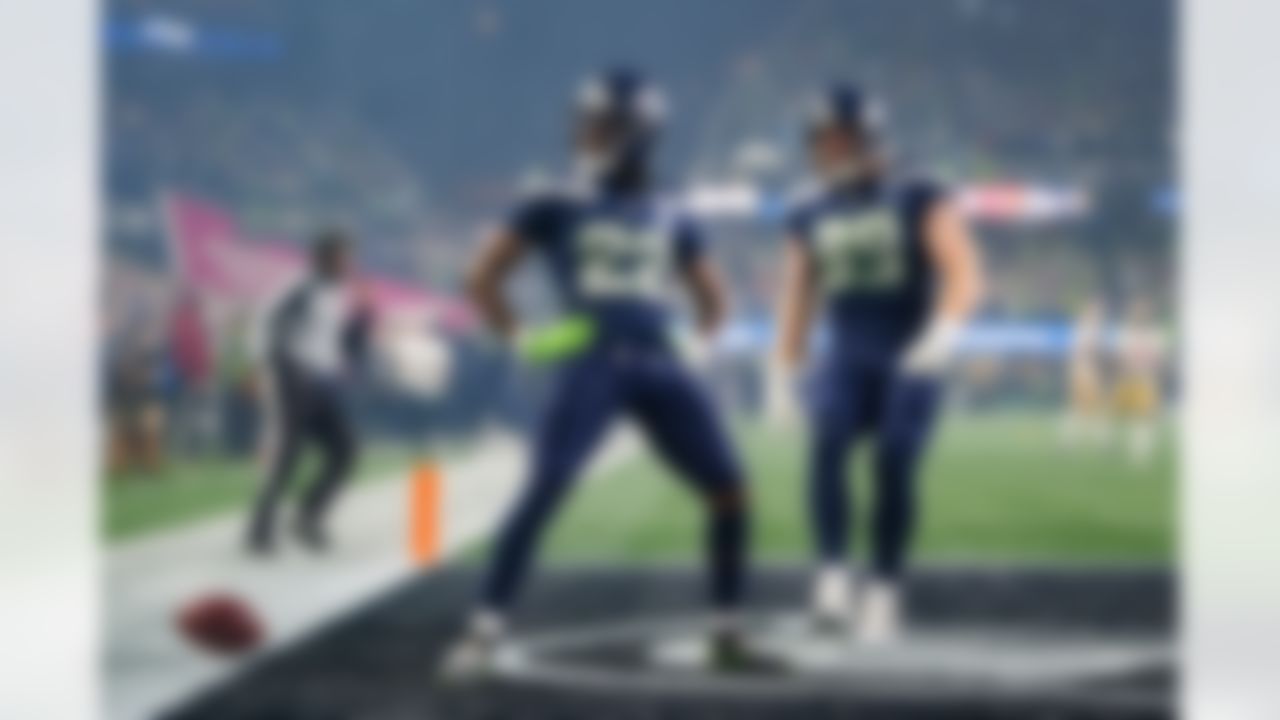 Seattle Seahawks wide receiver Rashid Shaheed (22) celebrates a touchdown during an NFL football game against the San Francisco 49ers on Saturday, January 17, 2026 in Seattle, Washington.