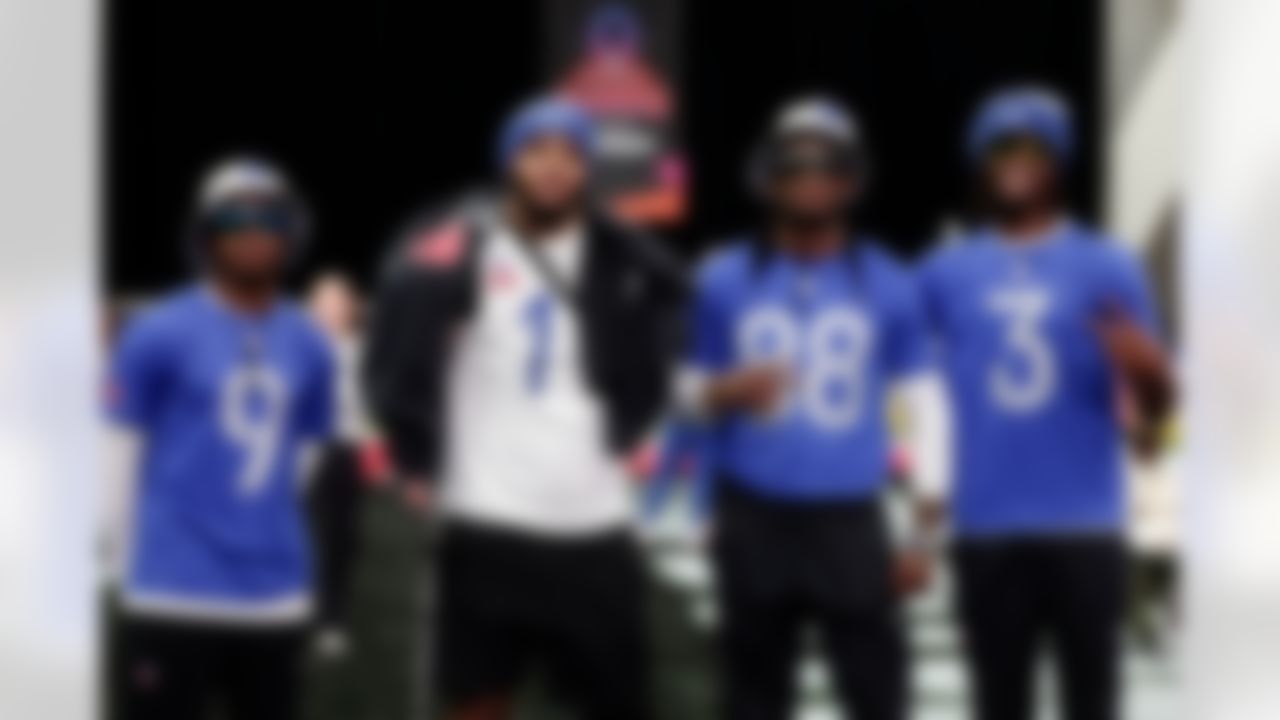 Dallas Cowboys wide receiver KaVontae Turpin (9), Green Bay Packers defensive end Micah Parsons (1), Dallas Cowboys wide receiver CeeDee Lamb (88) and Dallas Cowboys wide receiver George Pickens (3) pose for a photo during a Pro Bowl team practice on Sunday, February 1, 2026 in San Francisco.