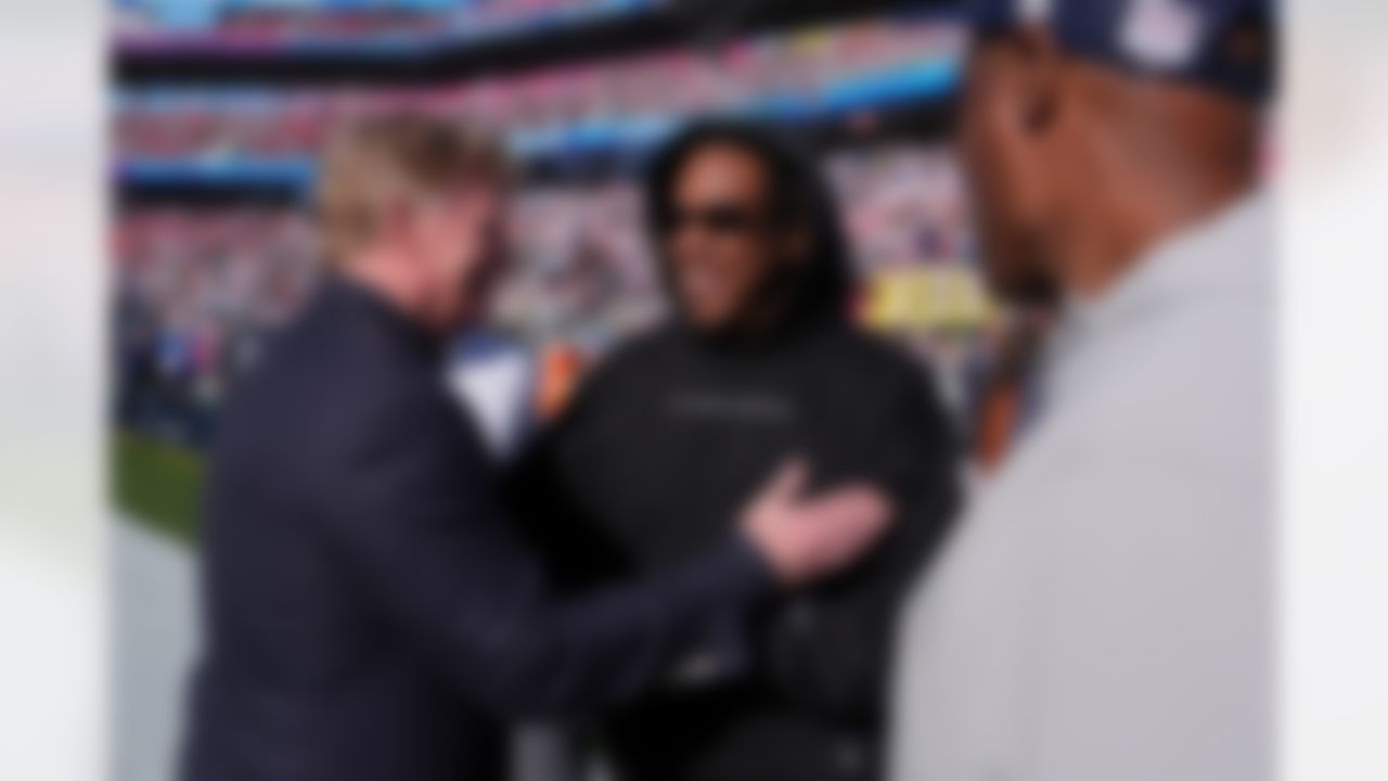 NFL Commissioner Roger Goodell and Jay-Z interact prior to the NFL Super Bowl LX football game between the Seattle Seahawks and the New England Patriots on Sunday, February 8, 2026 in Santa Clara, Calif.