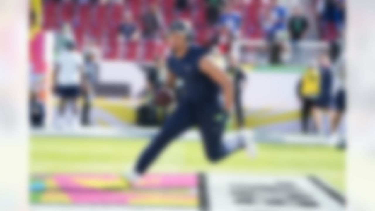Seattle Seahawks wide receiver Jaxon Smith-Njigba (11) warms up prior to the NFL Super Bowl LX football game against the New England Patriots on Sunday, February 8, 2026 in Santa Clara, Calif. (Todd Rosenberg/NFL)