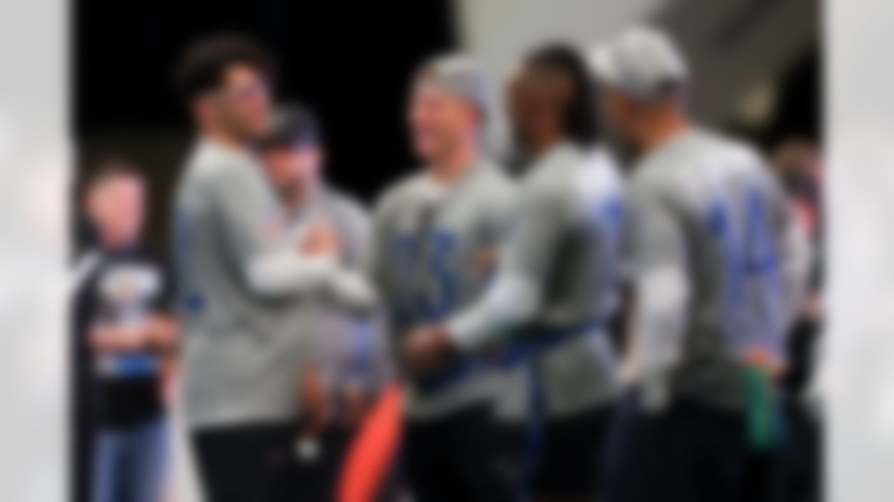 Los Angeles Rams wide receiver Puka Nacua (12) and San Francisco 49ers running back Christian McCaffrey (23) interact during the 2026 Pro Bowl team practice on Monday, February 2, 2026 in San Francisco.