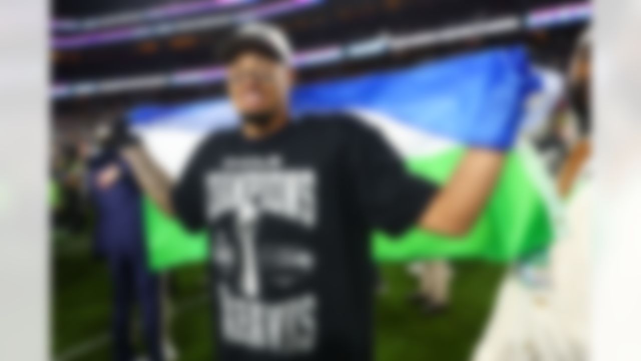 Seattle Seahawks wide receiver Jaxon Smith-Njigba (11) celebrates a win after the NFL Super Bowl LX football game against the New England Patriots on Sunday, February 8, 2026 in Santa Clara, Calif.