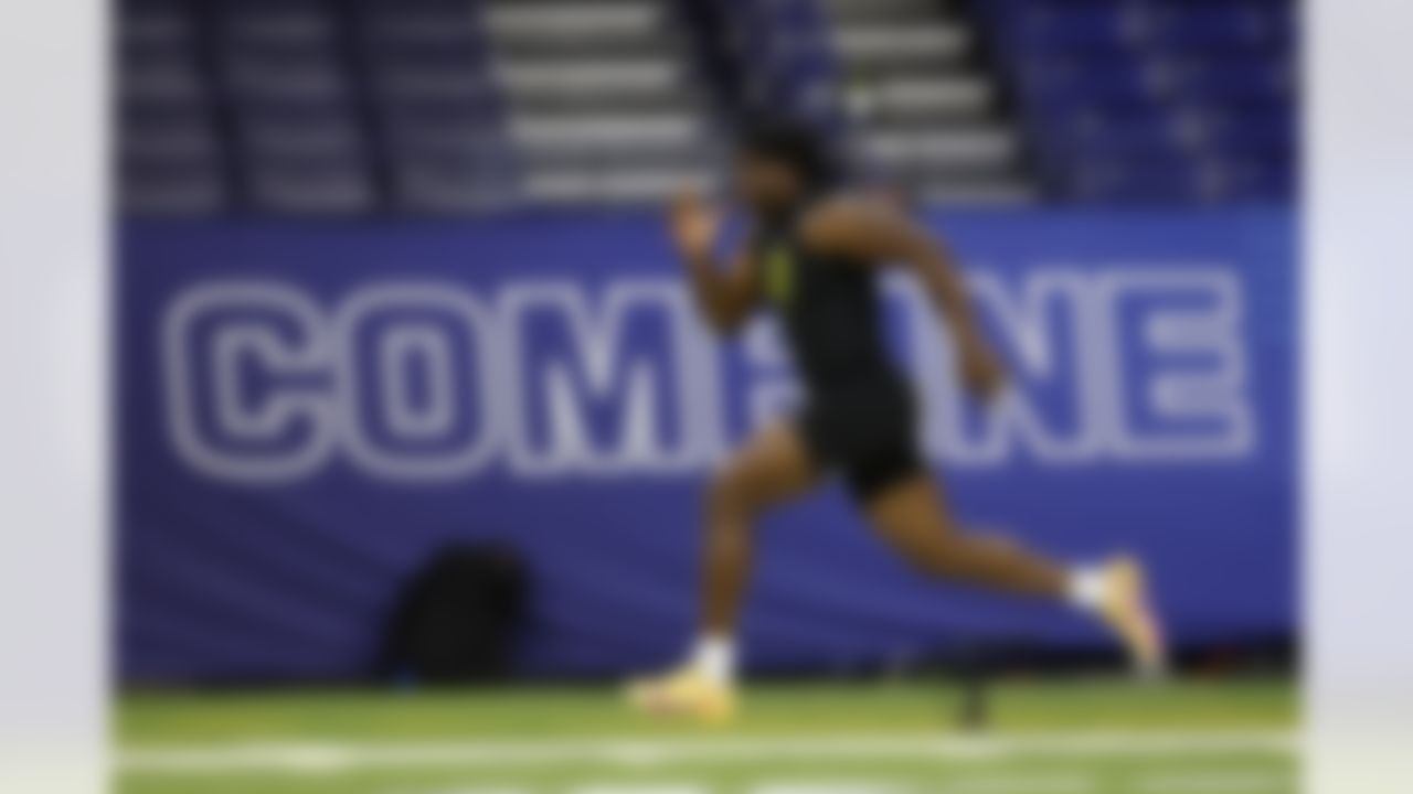 Texas Tech defensive lineman David Bailey (31) runs the 40-yard dash during the 2026 NFL Scouting Combine on Thursday, February 26, 2026 in Indianapolis, Indiana.