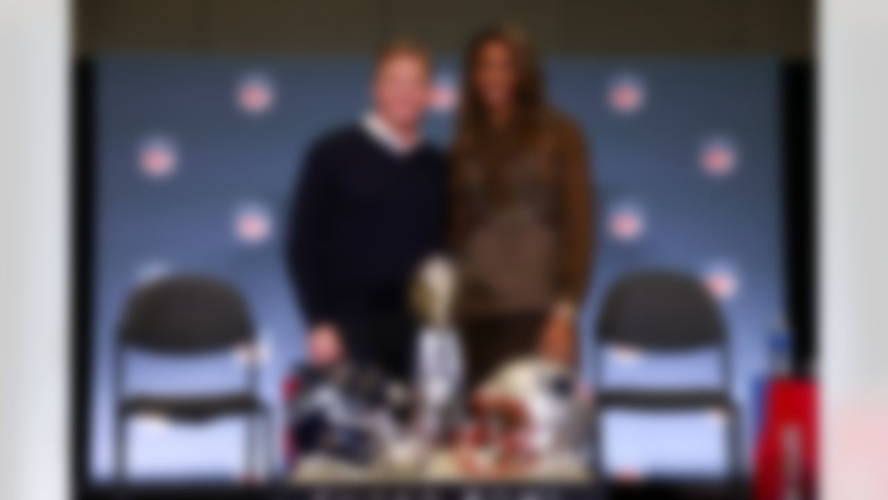NFL Commissioner Roger Goodell and NBC sportscaster Maria Taylor pose for a photo following a news conference ahead of the Super Bowl 60 football game on Monday, February 2, 2026 in San Jose, Calif.
