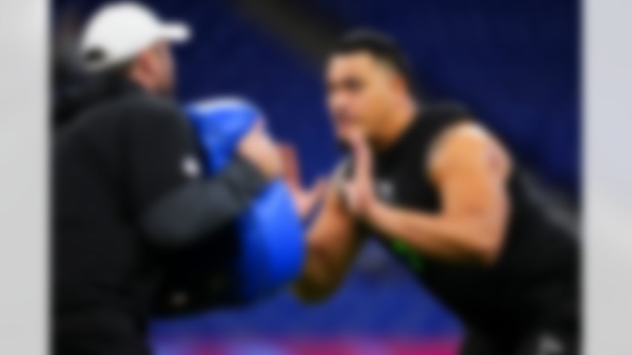 Wake Forest offensive lineman Fa'alili Fa'amoe (21) participates in a drill during the 2026 NFL Scouting Combine on Sunday, March 1, 2026 in Indianapolis, Indiana.