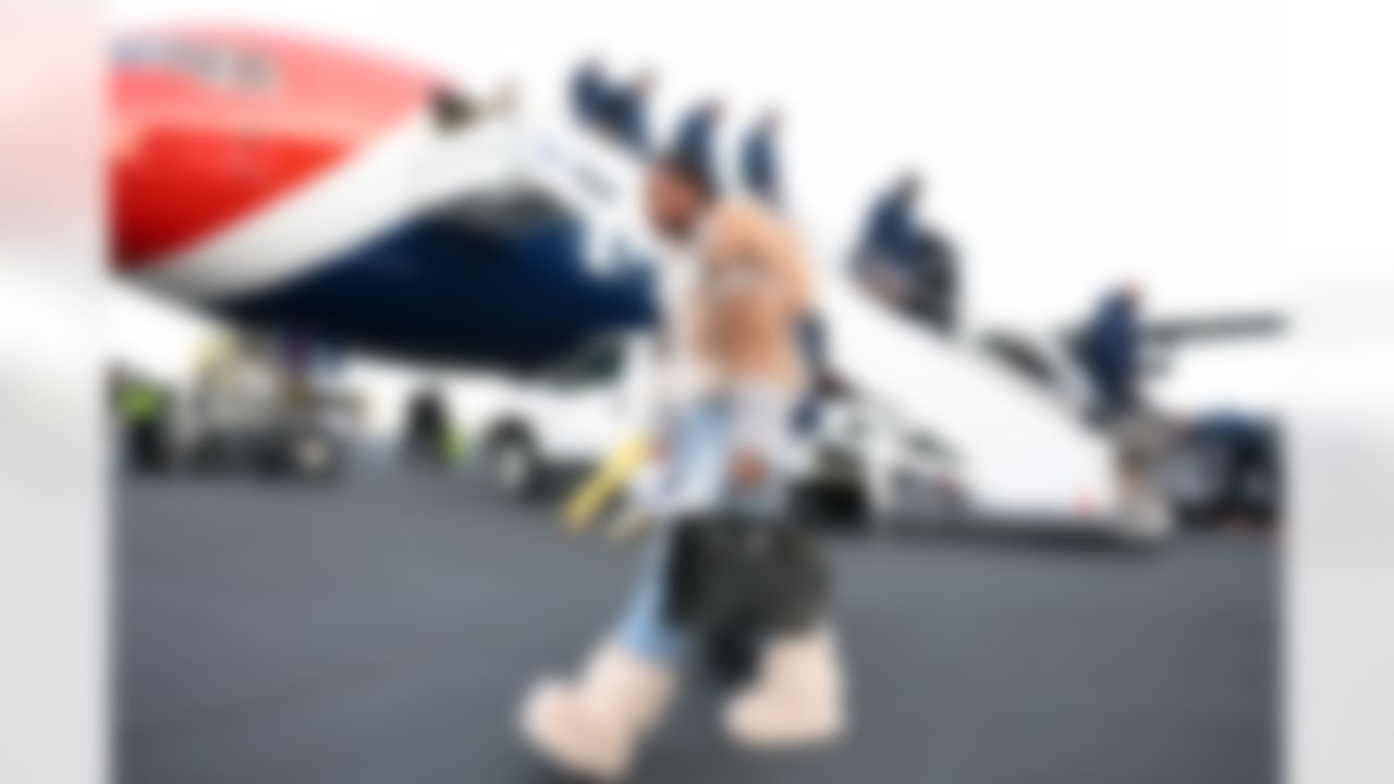 New England Patriots wide receiver Stefon Diggs (8) arrives at San Jose Mineta International Airport ahead of Super Bowl LX on Sunday, February 1, 2026 in San Jose, Calif.