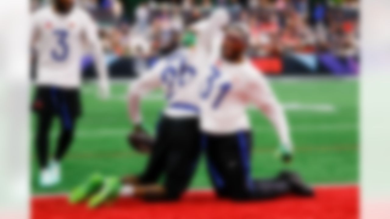 Chicago Bears cornerback Nahshon Wright (26), safety Kevin Byard (31) and safety Kevin Byard (31) celebrate after a play during the 2026 Pro Bowl Game on Tuesday, February 3, 2026 in San Francisco, California.