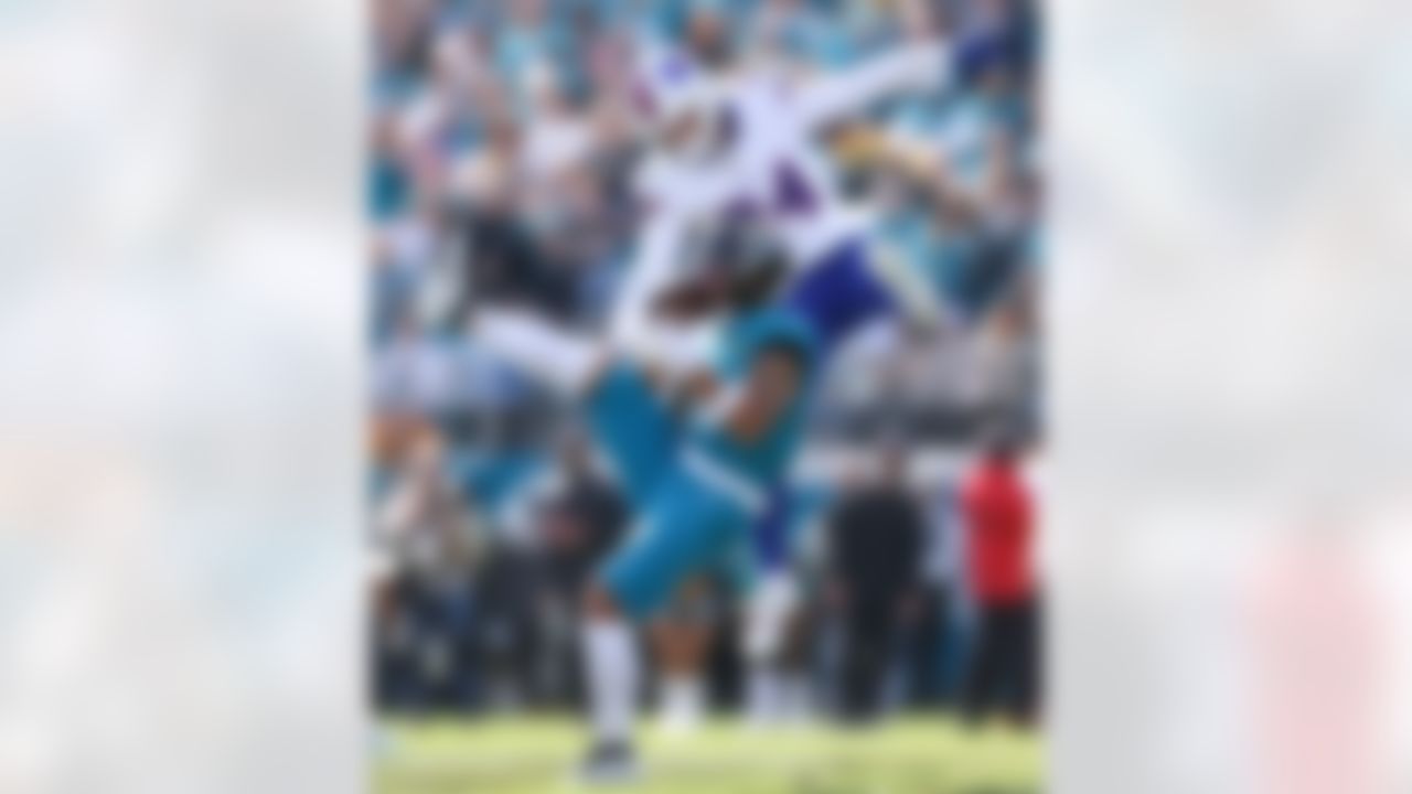 Jacksonville Jaguars wide receiver Parker Washington (11) makes a catch during an NFL football game against the Buffalo Bills on Sunday, January 11, 2026 in Jacksonville, Florida.