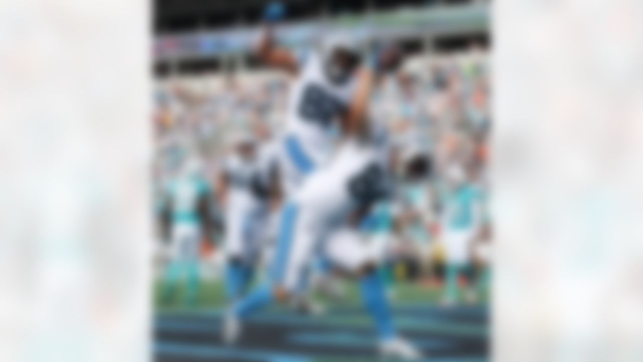 Carolina Panthers tight end Mitchell Evans (84) celebrates after scoring a touchdown during an NFL football game against the Miami Dolphins on Sunday, October 5, 2025 in Charlotte, North Carolina. (Kara Durrette/NFL)