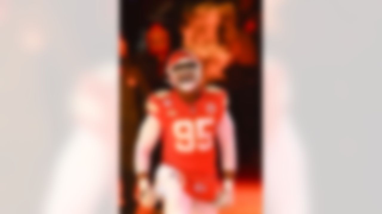 Kansas City Chiefs defensive tackle Chris Jones (95) enters the field prior to an NFL Super Wild Card Weekend playoff game against the Miami Dolphins on Saturday, January 13, 2024 in Kansas City, Missouri.