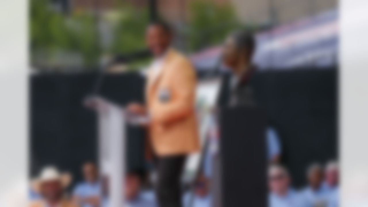Hall of Fame inductee Eric Allen speaks during the Pro Football Hall of Fame Class of 2025 Enshrinement Ceremony on Saturday, August 2, 2025 in Canton, Ohio.