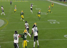 Jalen Hurts slings a high 22-yard pass to Goedert for midfield access