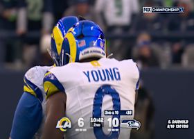 Fiske fights through blockers to drop Darnold for 8-yard sack