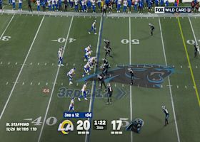 Mike Jackson undercuts Adams' route to intercept Stafford's sideline strike