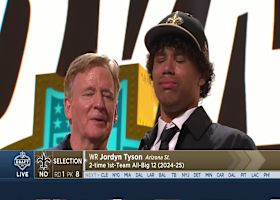 Jordyn Tyson overcome with emotion after being drafted No. 8 overall by the Saints in 2026 NFL Draft