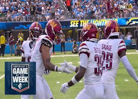 Quentin Johnston fumbles the football to the Commanders inside D.C.'s 40-yard line