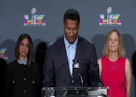 Kathy Schloessman introduces Quentin Lake as a spokesperson for Super LXI hosted in Los Angeles