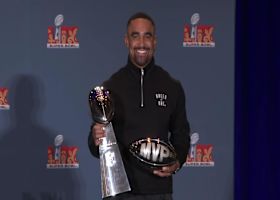 Jalen Hurts speaks to media following Eagles Super Bowl LIX victory