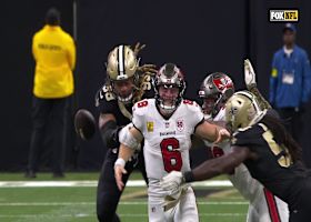 Chase Young slaps the ball on Mayfield's release for a fumble