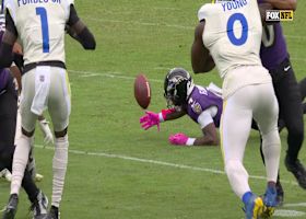 Zay Flowers fumbles after mishandling exchange in backfield