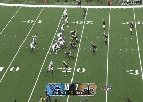 Tyjae Spears' hurdle attempt gets disrupted at its peak by Saints defender