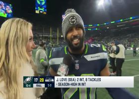 Julian Love talks to Taylor Bisciotti after game-winning INT vs. Eagles