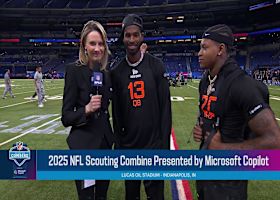 Stacey Dales converses with Shedeur Sanders and Jimmy Horn Jr. at Day 3 of 2025 NFL Scouting Combine