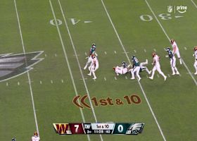 Jayden Daniels is unable to escape Brandon Graham's grasp on 4-yard sack