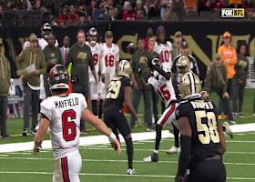 Mayfield's mid-air launch finds Tez Johnson on the sideline for 16 yards