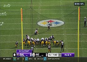 Justin Tucker's second missed field goal of the day comes from 50 yards out