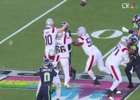 Maye's first completion of Super Bowl LX marks a 7-yard pass to Stevenson for a first-down