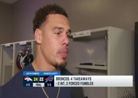 Justin Simmons talks to Omar Ruiz after Week 10 win vs. Bills