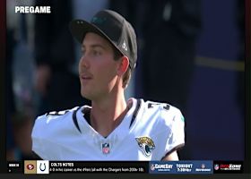 Cam Little kicks a 73-yard field goal during pregame warmups in Denver